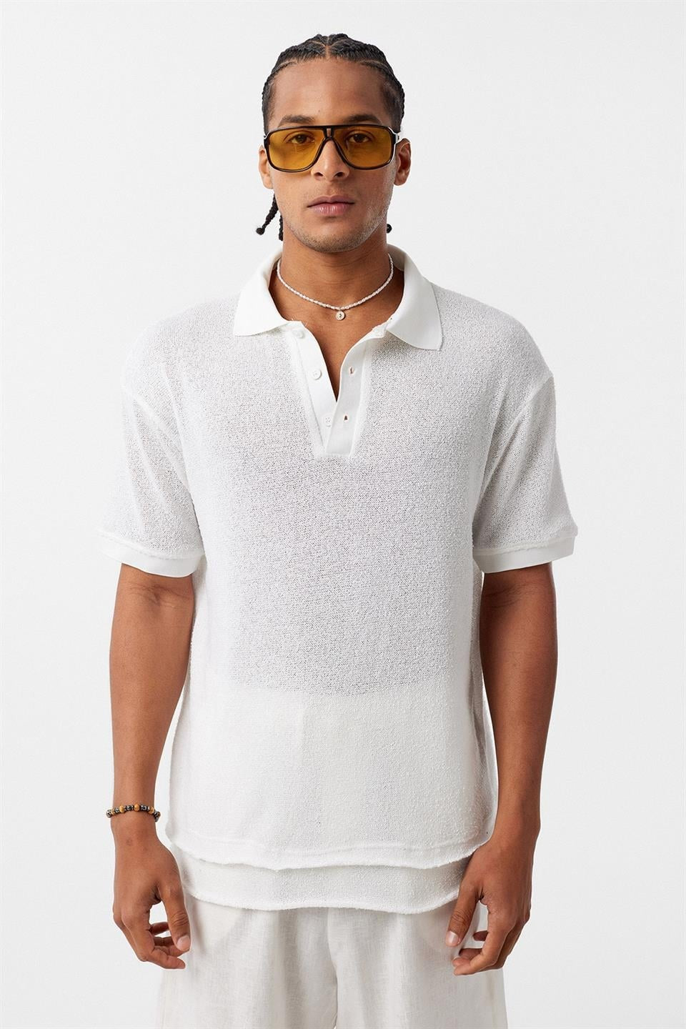Oversized Polo-Neck Knit T-Shirt