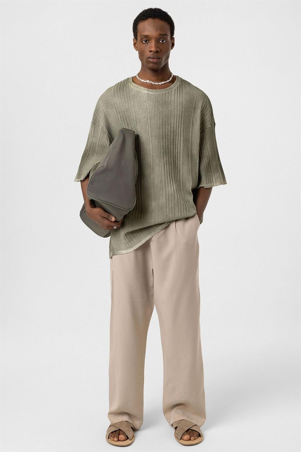 Oversized Washed Knit T-Shirt, Khaki