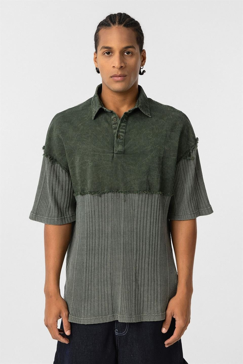 Pre-Washed Knit Oversized Polo Neck T-Shirt, Khaki