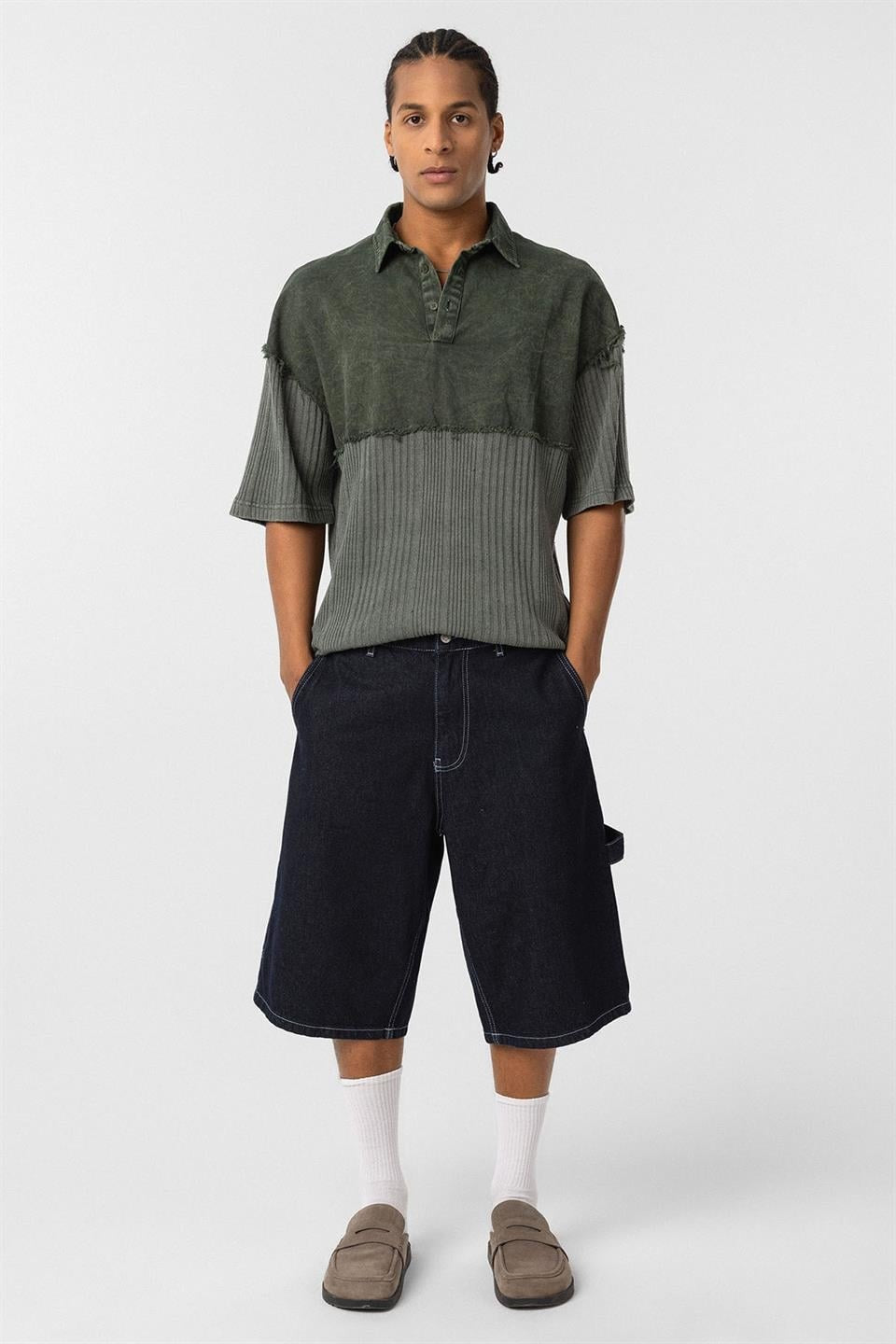 Pre-Washed Knit Oversized Polo Neck T-Shirt, Khaki