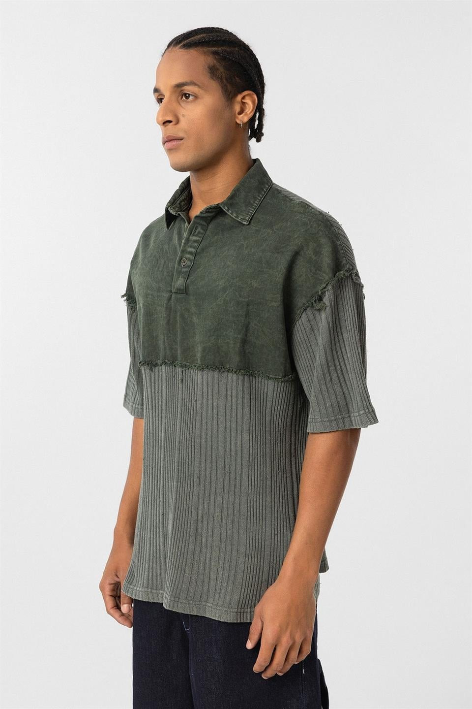 Pre-Washed Knit Oversized Polo Neck T-Shirt, Khaki