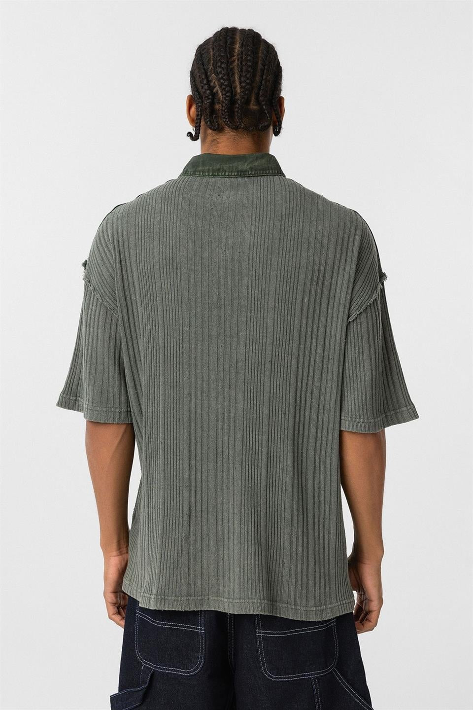 Pre-Washed Knit Oversized Polo Neck T-Shirt, Khaki