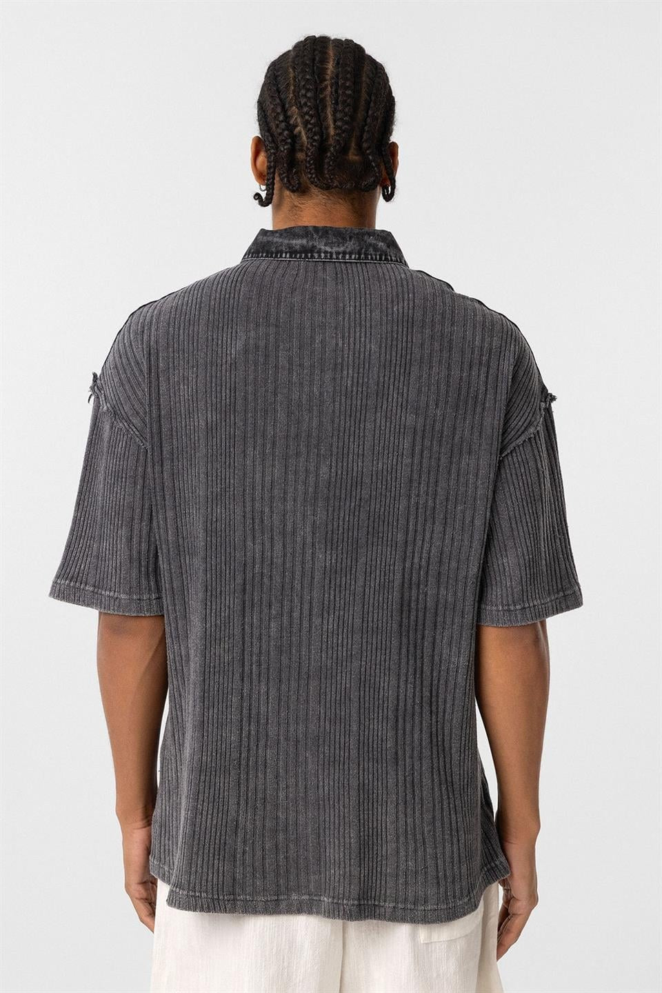 Pre-Washed Knit Oversized Polo-Neck T-Shirt, Black
