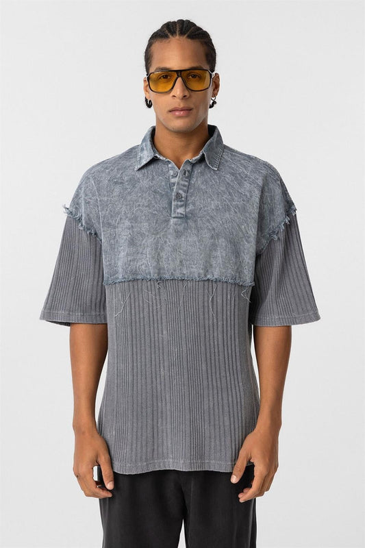 Pre-Washed Knit Oversized Polo-Neck T-Shirt