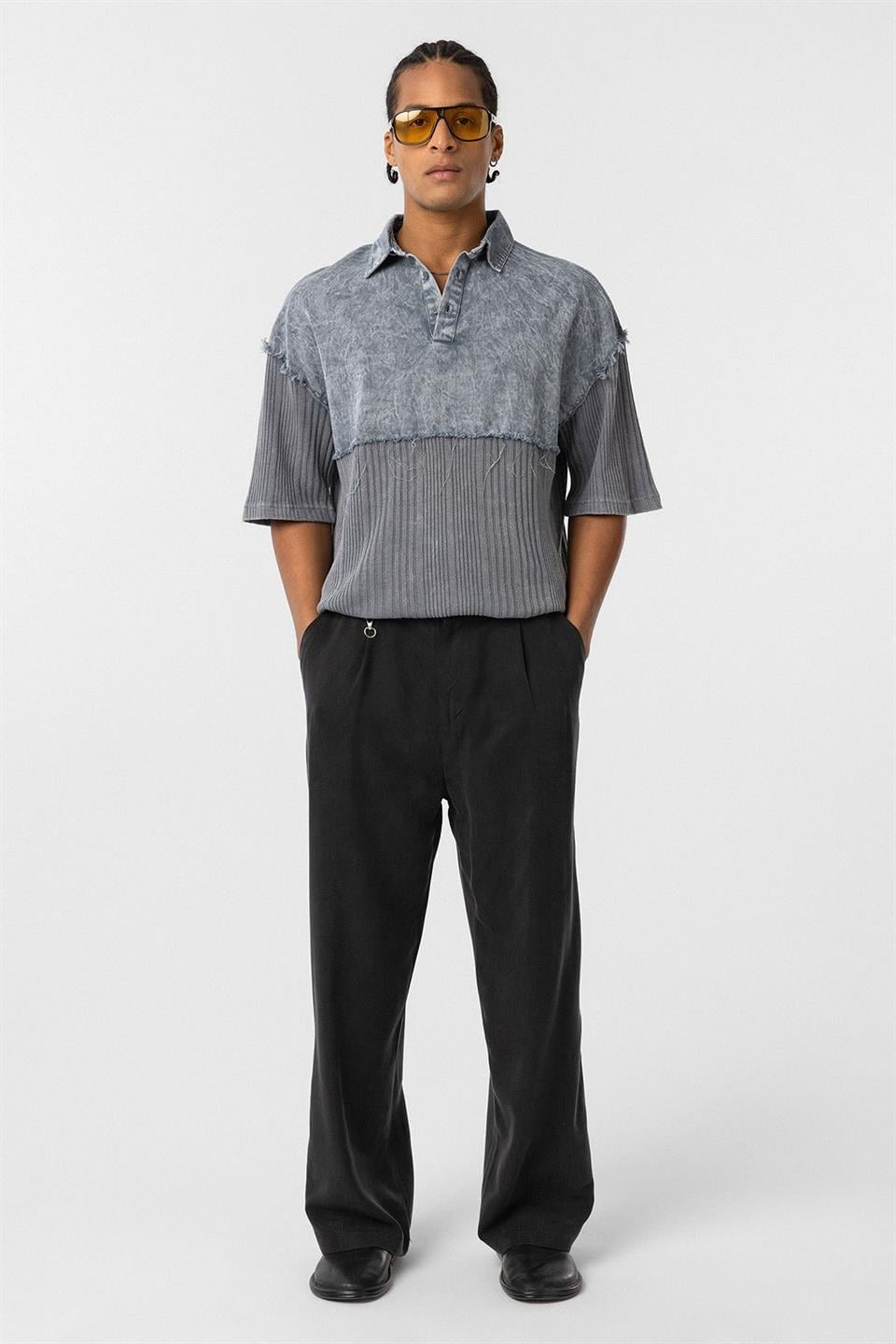 Pre-Washed Knit Oversized Polo-Neck T-Shirt