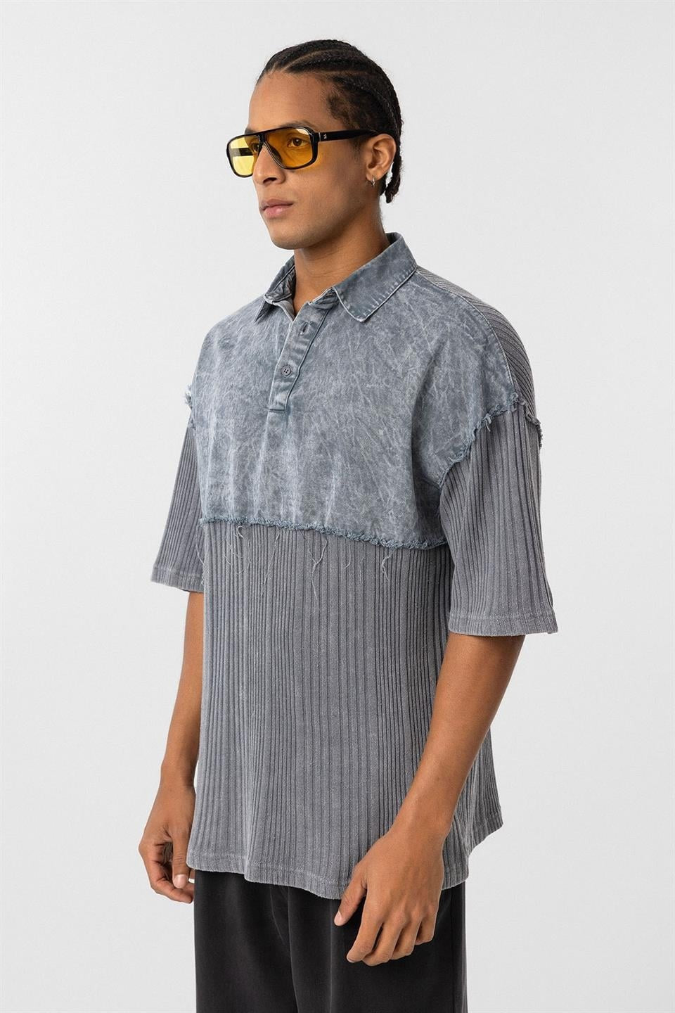 Pre-Washed Knit Oversized Polo-Neck T-Shirt