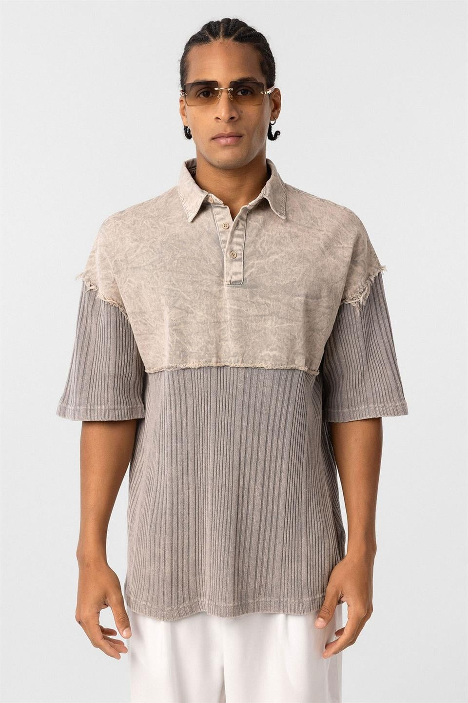 Pre-Washed Knit Oversized Polo-Neck T-Shirt