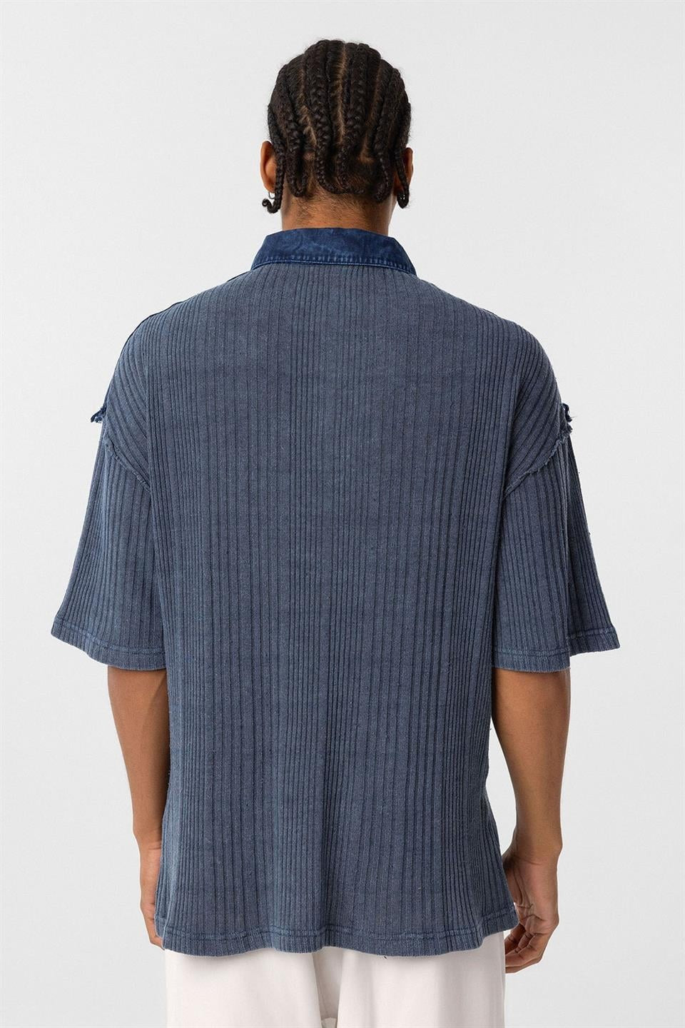 Pre-Washed Knit Oversized Polo Neck T-Shirt, Indigo