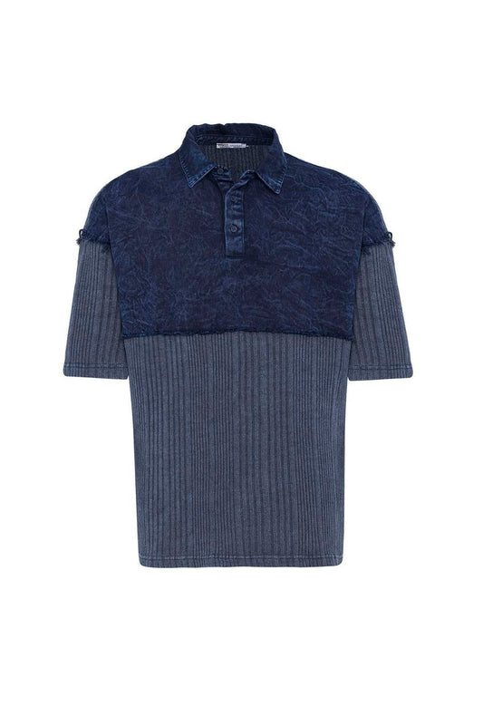 Pre-Washed Knit Oversized Polo Neck T-Shirt, Indigo