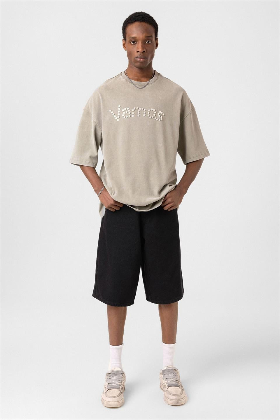 Oversized T-Shirt with Washed Button Details