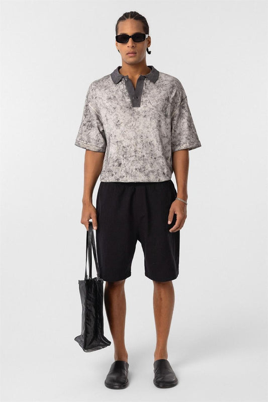 Pre-Washed Knit Oversized Polo-Neck T-Shirt