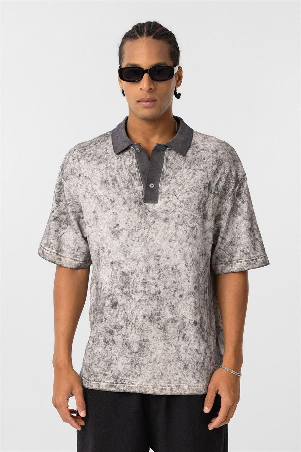 Pre-Washed Knit Oversized Polo-Neck T-Shirt