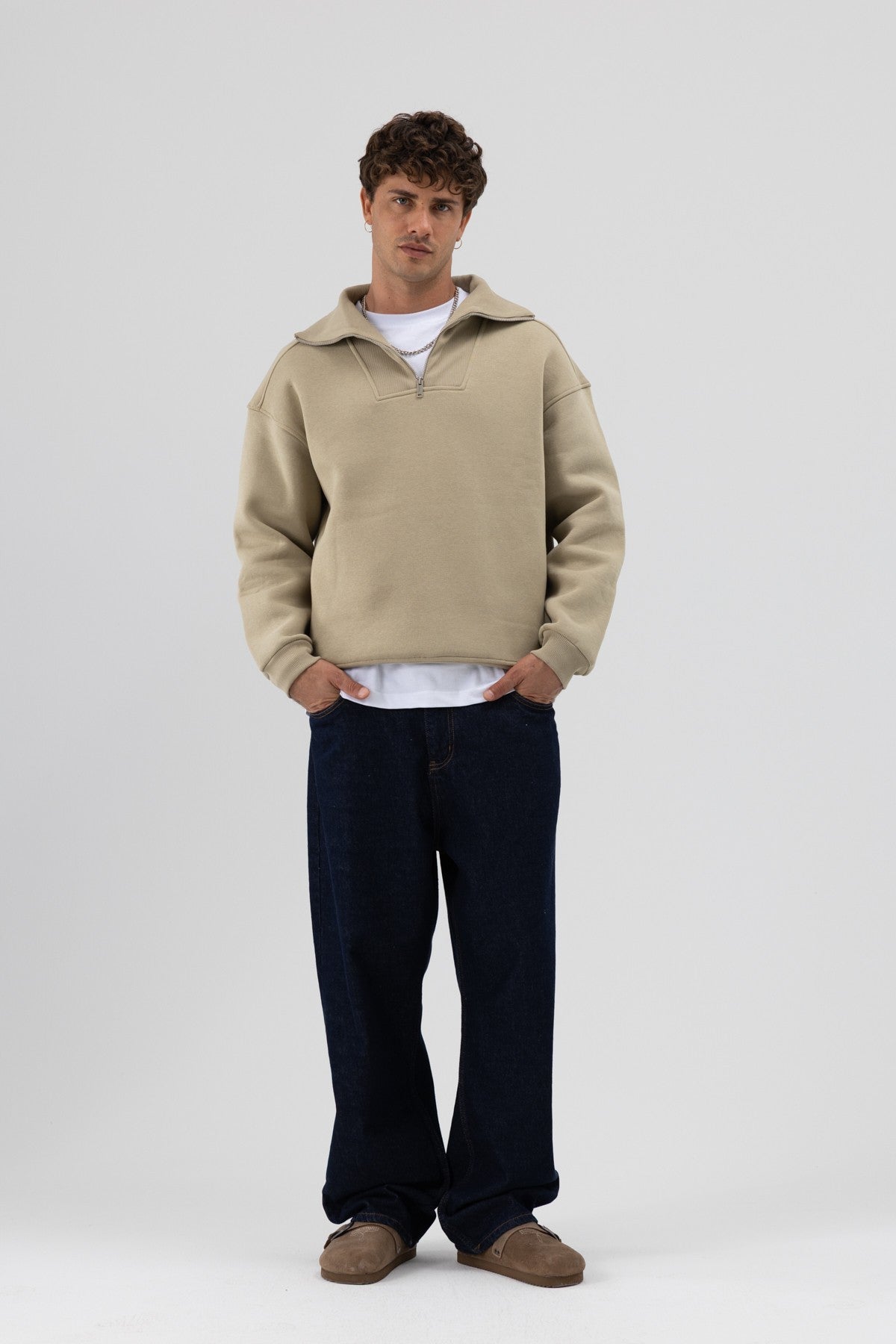 Basic Zipper-Front Stand-Up Collar Sweatshirt