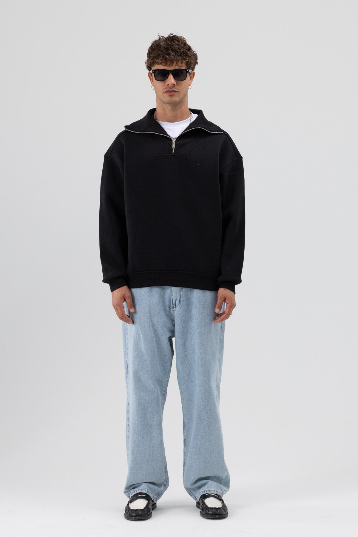 Basic Zipper-Front Stand-Up Collar Sweatshirt