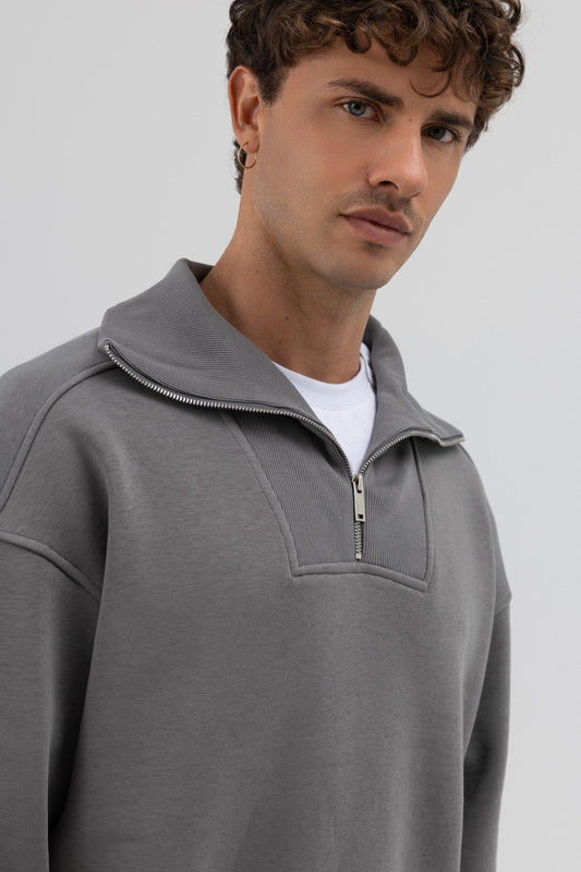 Basic Zipper-Front Stand-Up Collar Sweatshirt