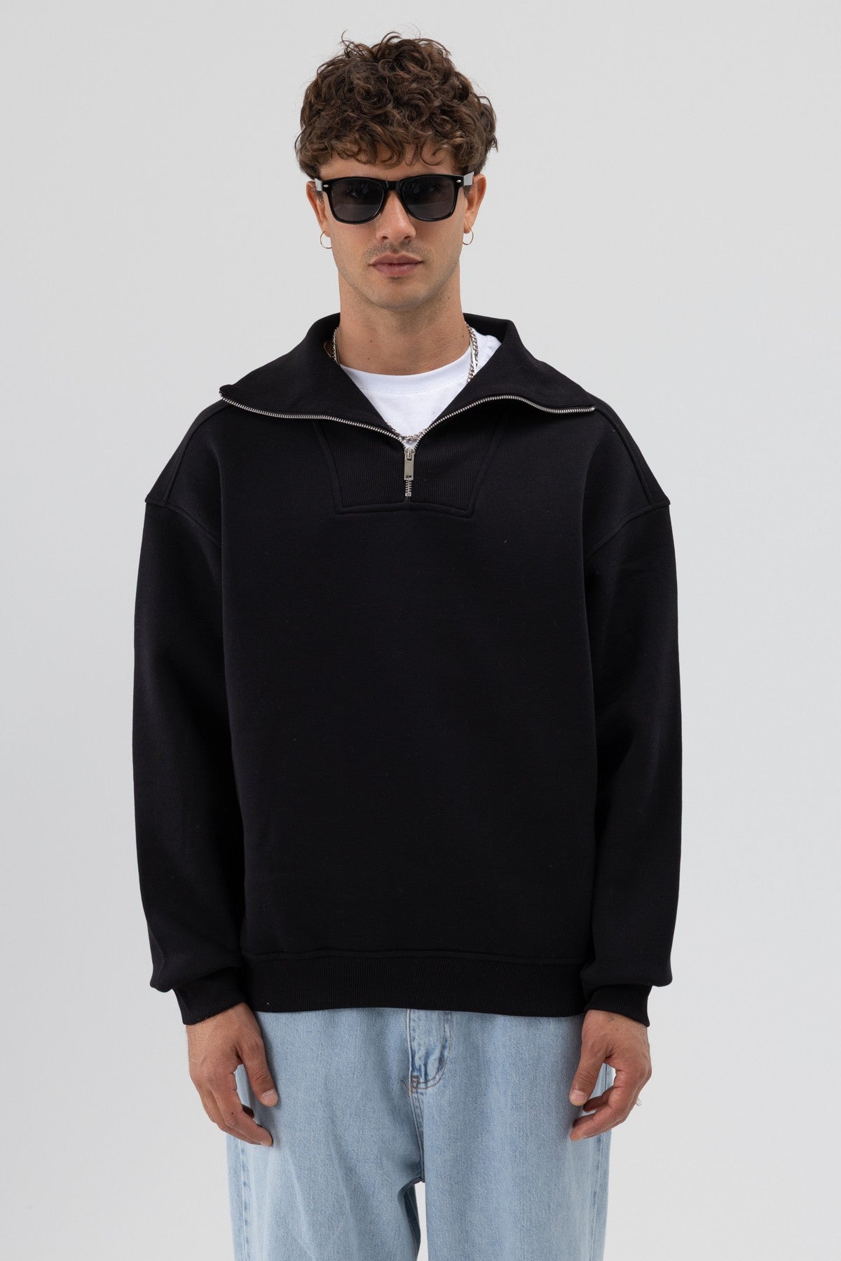 Basic Zipper-Front Stand-Up Collar Sweatshirt