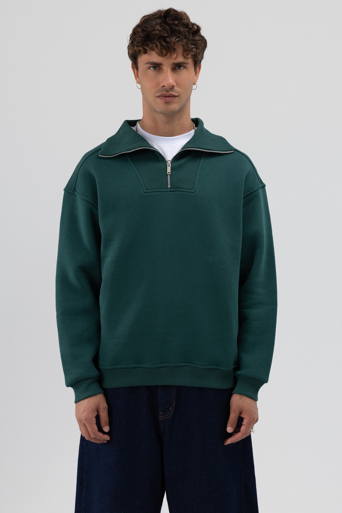 Basic Zipper-Front Stand-Up Collar Sweatshirt