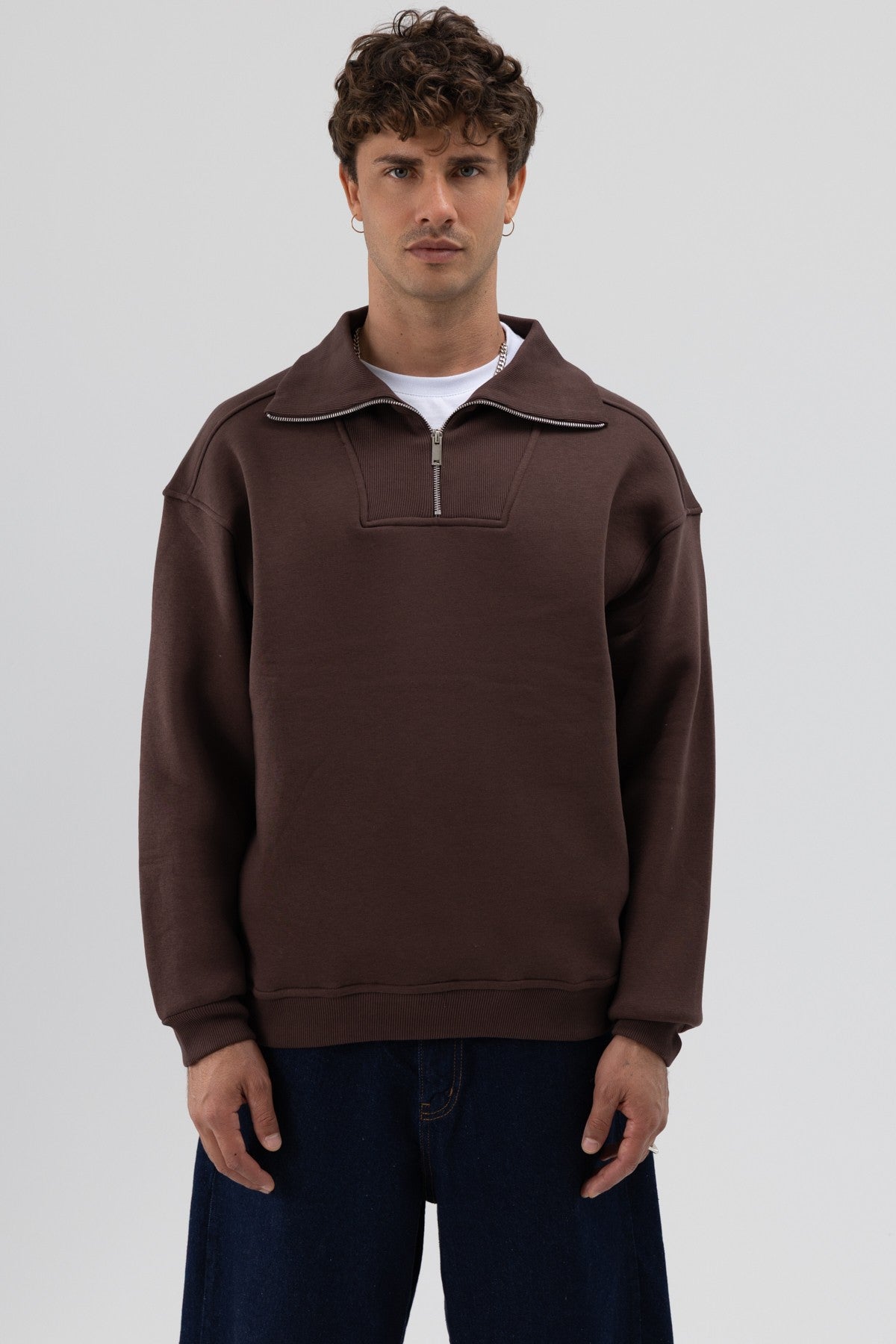 Basic Zipper-Front Stand-Up Collar Sweatshirt