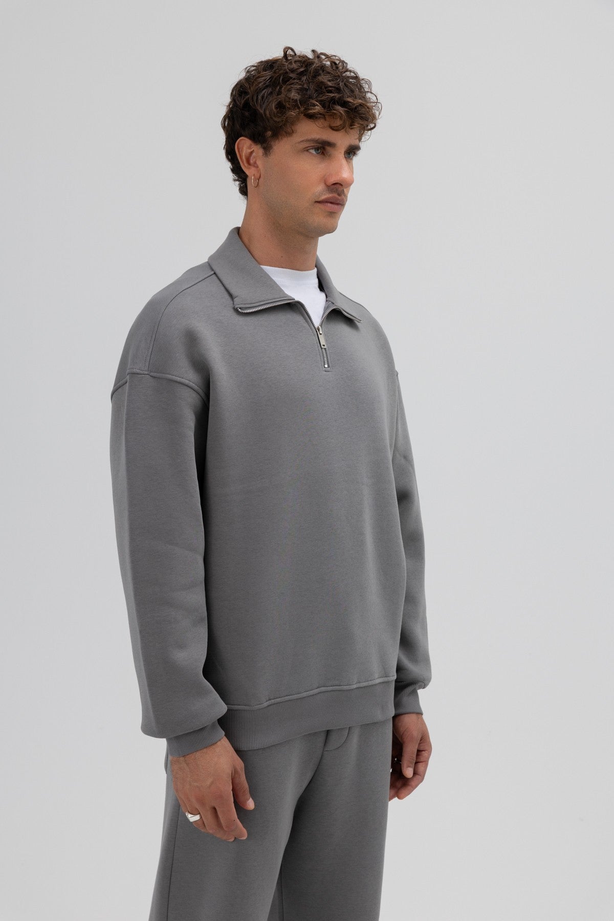 Oversized Zipper-Front Stand-Up Collar Sweatshirt
