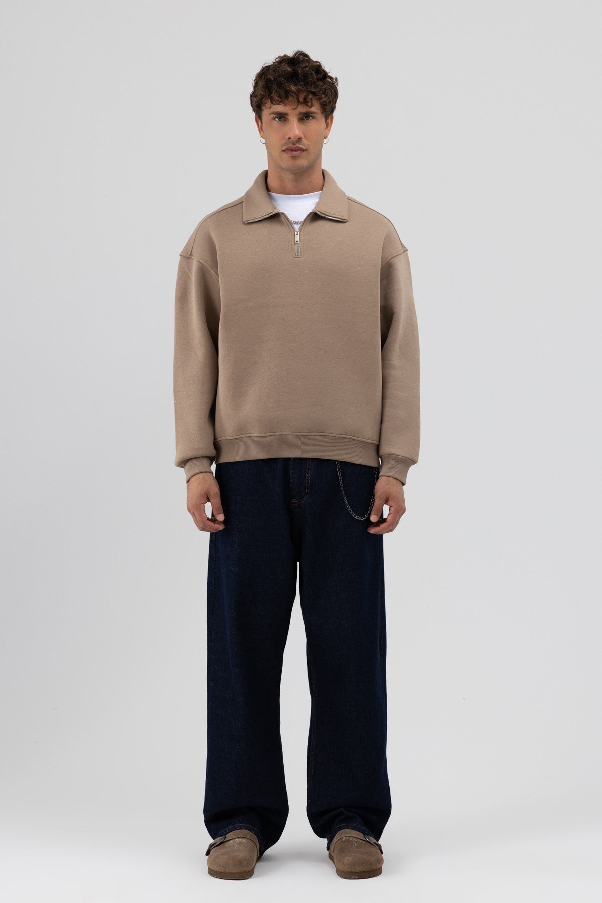 Oversized Zipper-Front Stand-Up Collar Sweatshirt