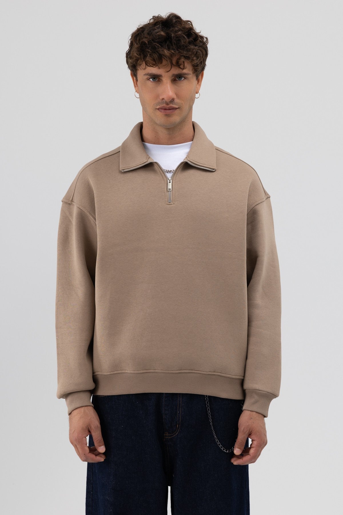 Oversized Zipper-Front Stand-Up Collar Sweatshirt