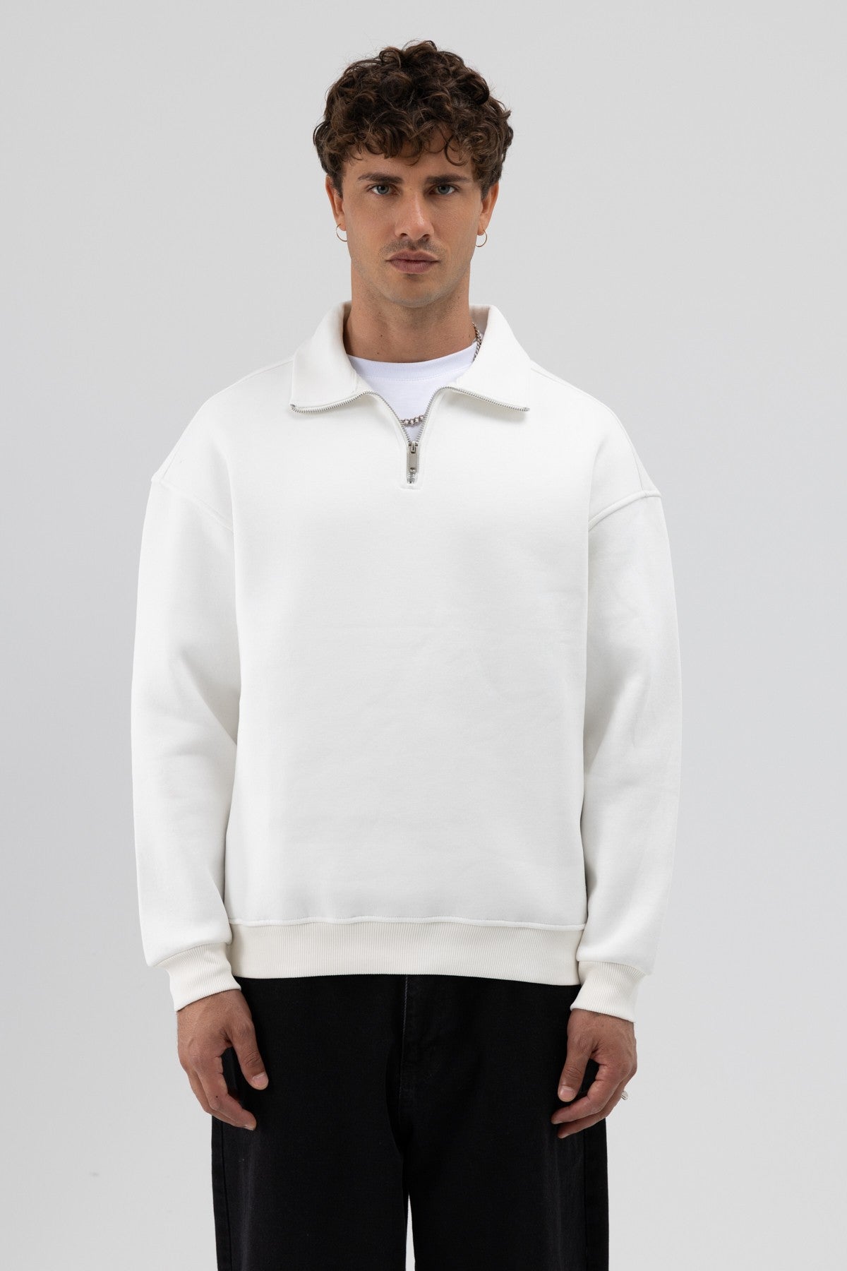 Oversized Zipper-Front Stand-Up Collar Sweatshirt