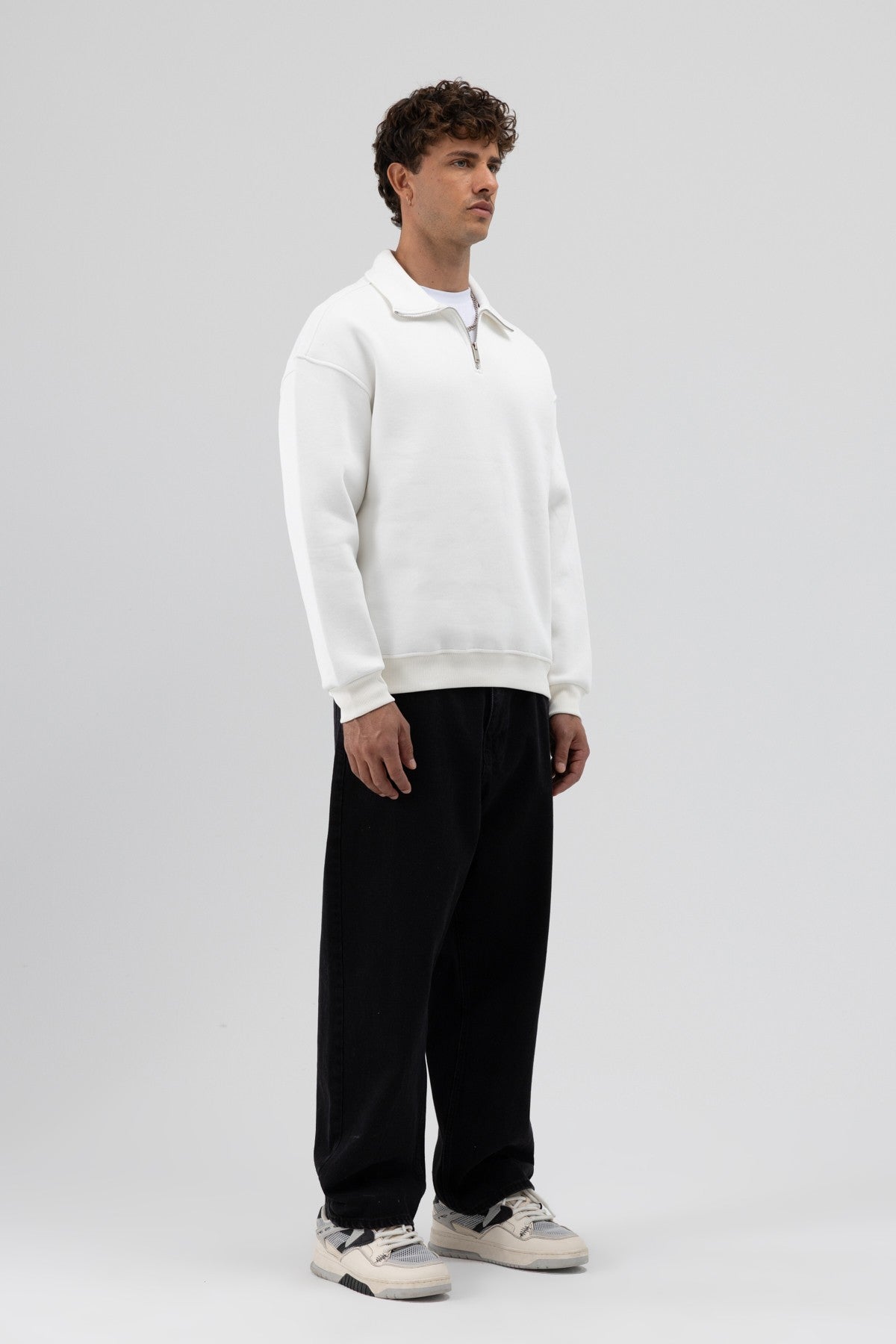 Oversized Zipper-Front Stand-Up Collar Sweatshirt