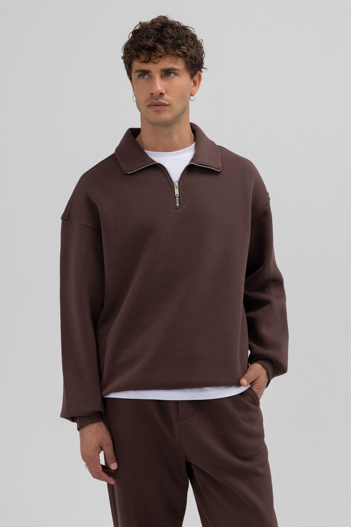 Oversized Zipper-Front Stand-Up Collar Sweatshirt