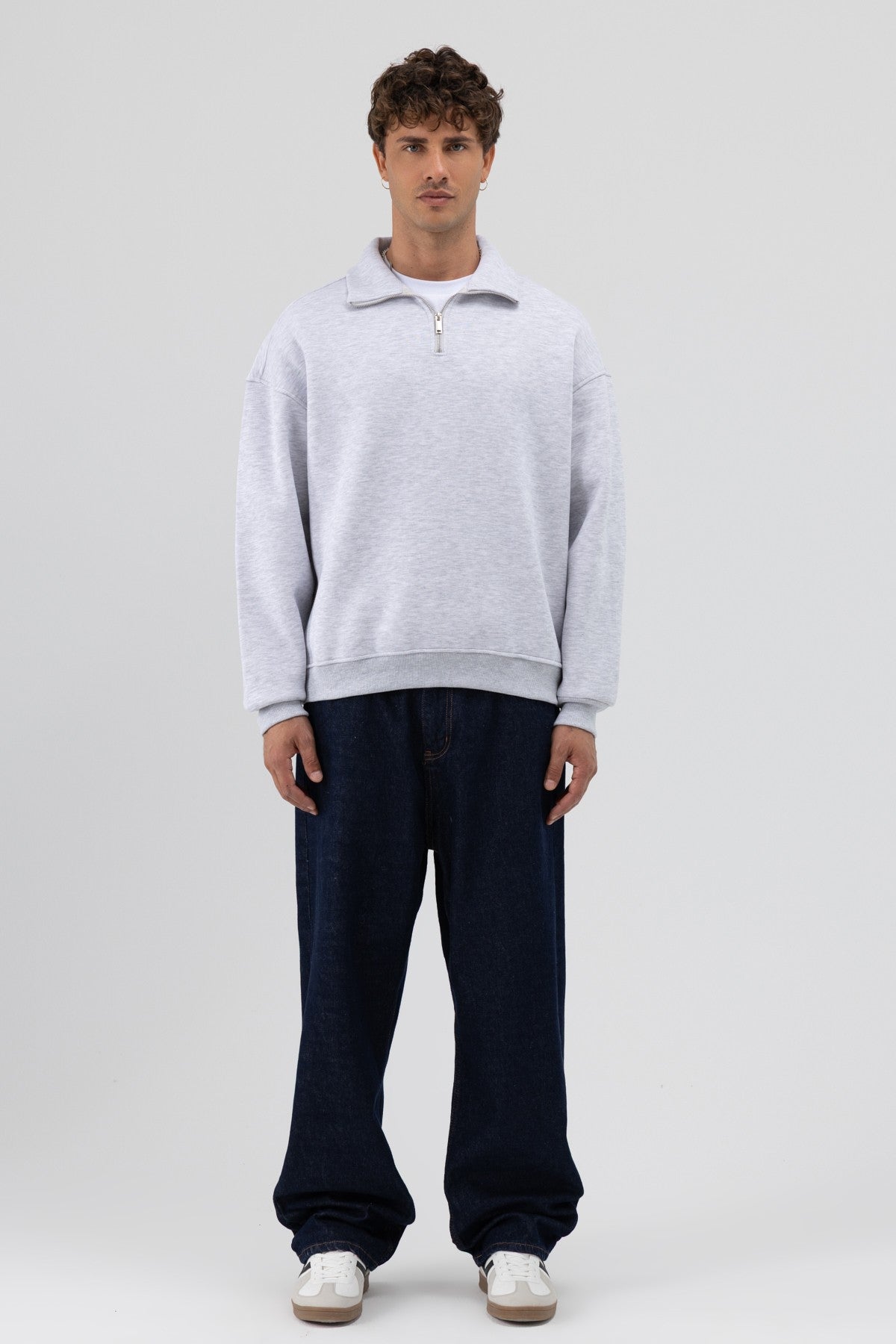 Oversized Zipper-Front Stand-Up Collar Sweatshirt
