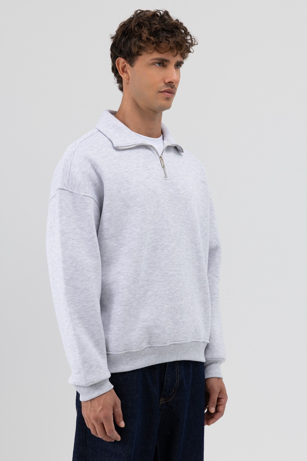 Oversized Zipper-Front Stand-Up Collar Sweatshirt