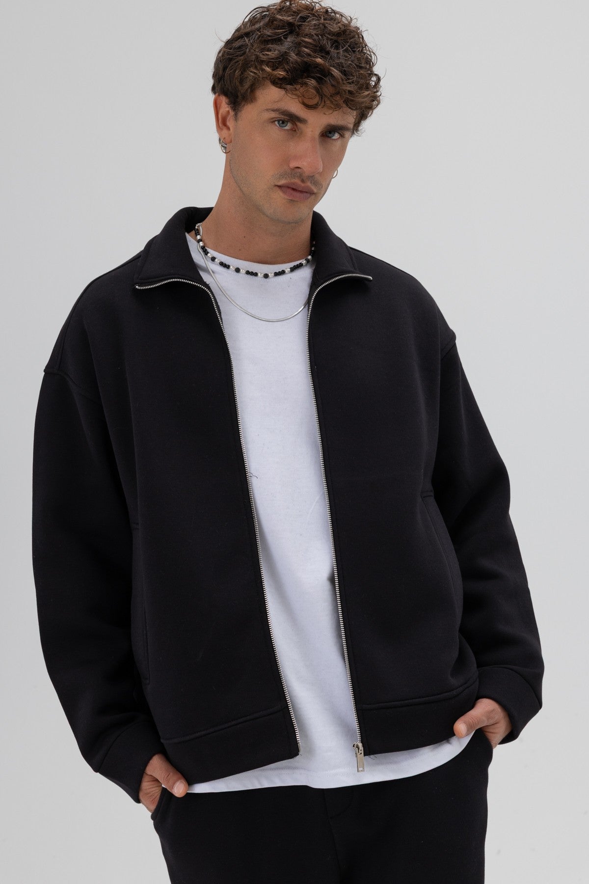 Oversized Stand-Up Collar Sweatshirt with Front Zipper