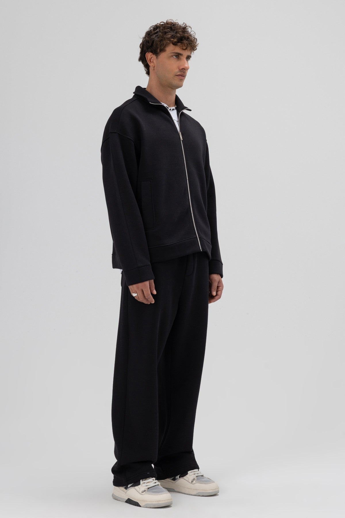 Oversized Stand-Up Collar Sweatshirt with Front Zipper