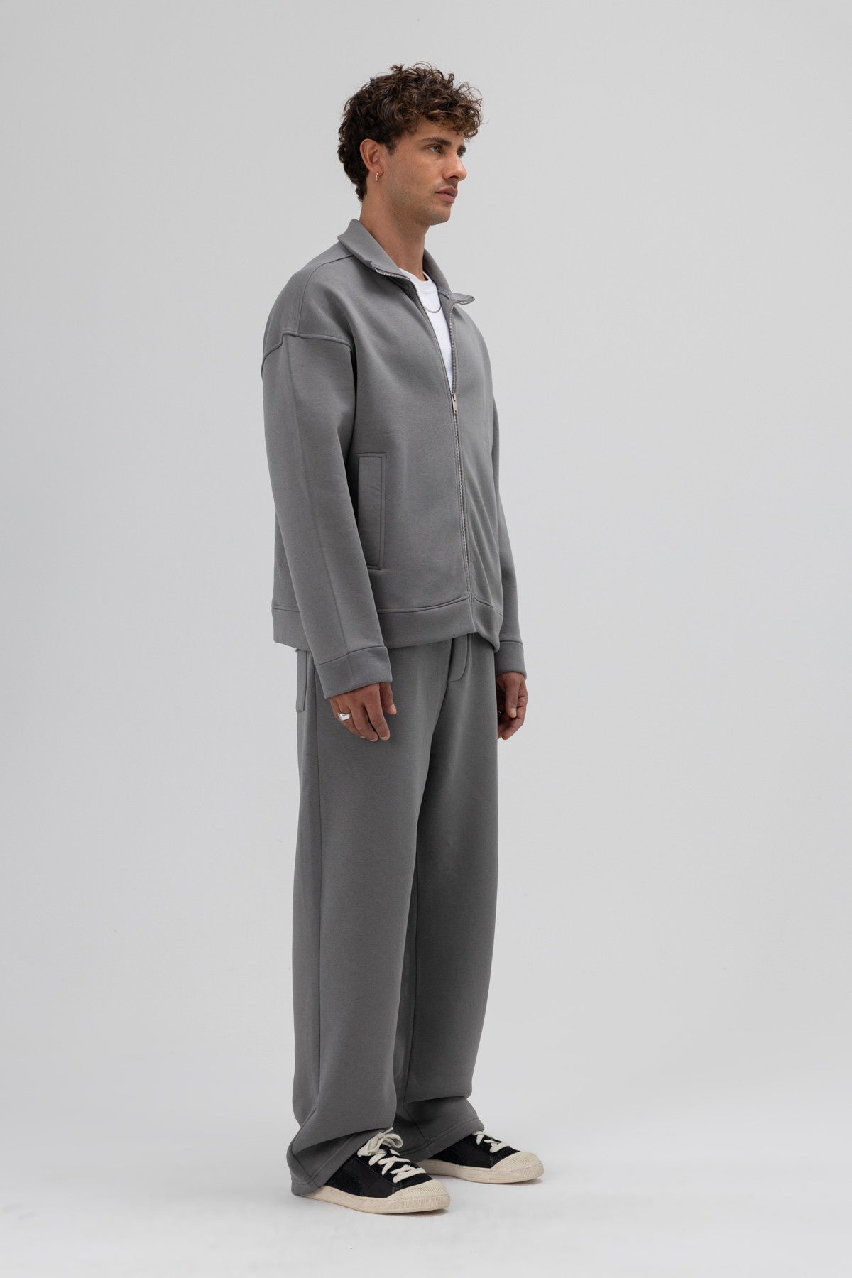 Oversized Stand-Up Collar Sweatshirt with Front Zipper