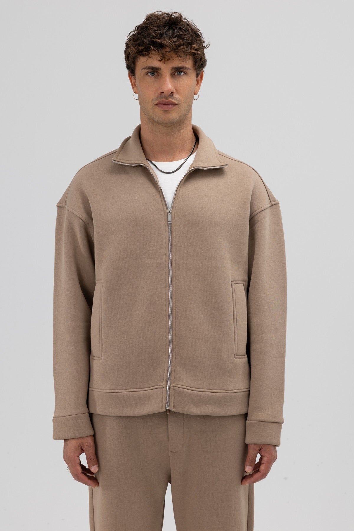 Oversized Stand-Up Collar Sweatshirt with Front Zipper