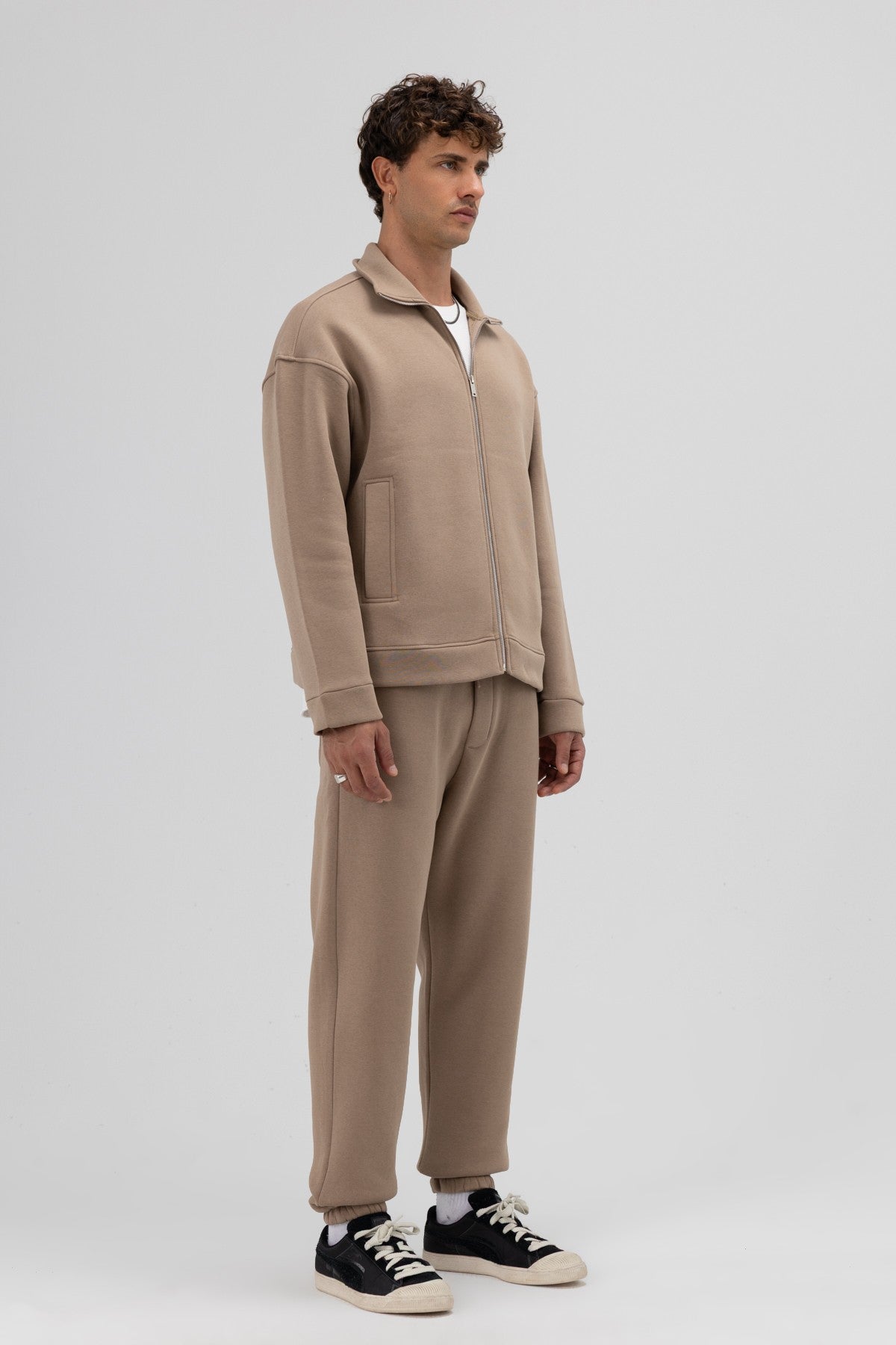 Oversized Stand-Up Collar Sweatshirt with Front Zipper