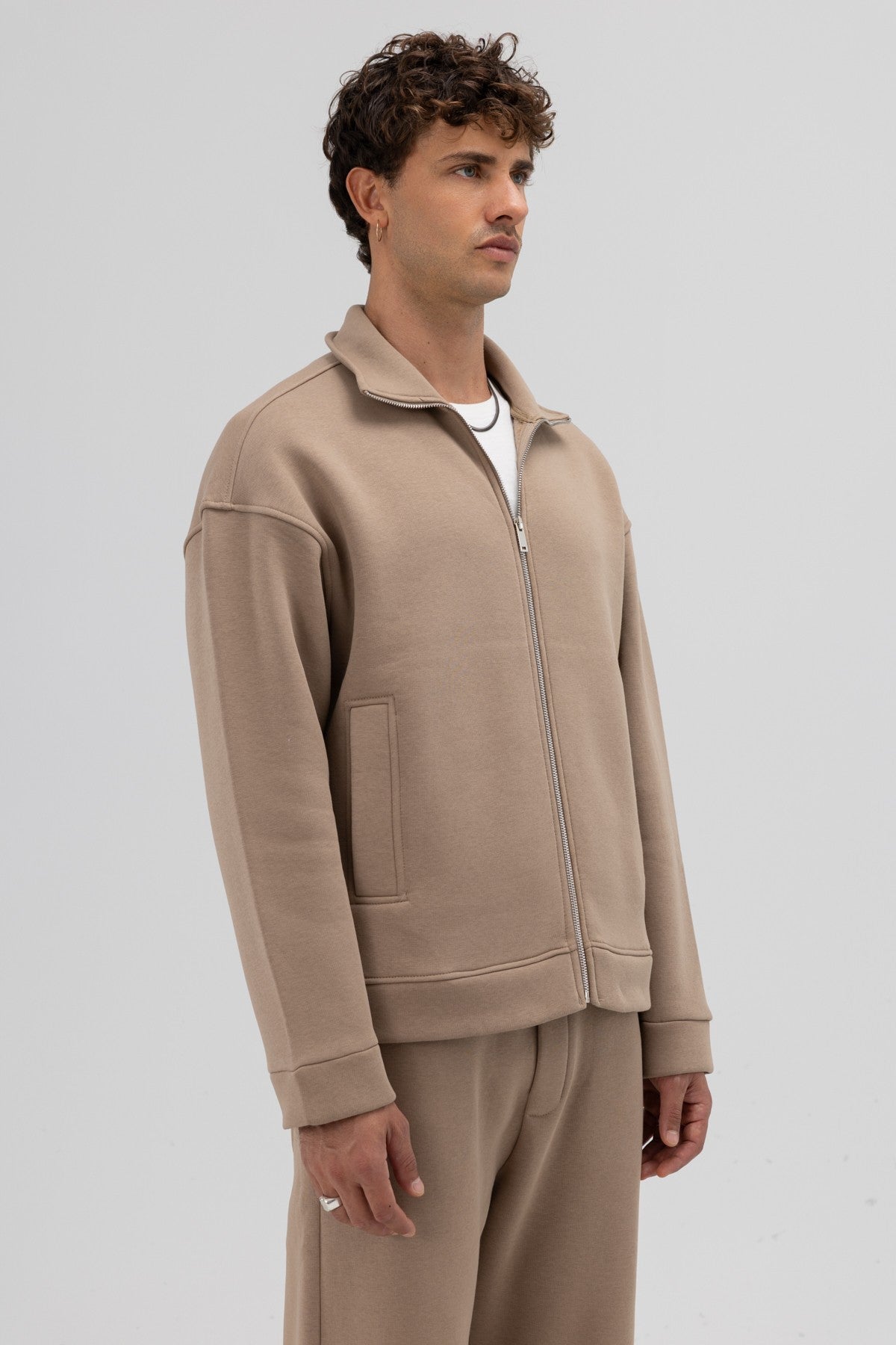 Oversized Stand-Up Collar Sweatshirt with Front Zipper