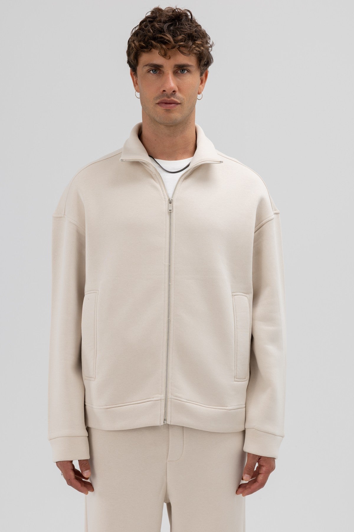 Oversized Stand-Up Collar Sweatshirt with Front Zipper