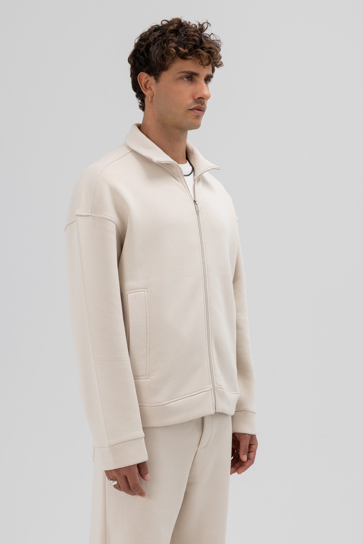 Oversized Stand-Up Collar Sweatshirt with Front Zipper