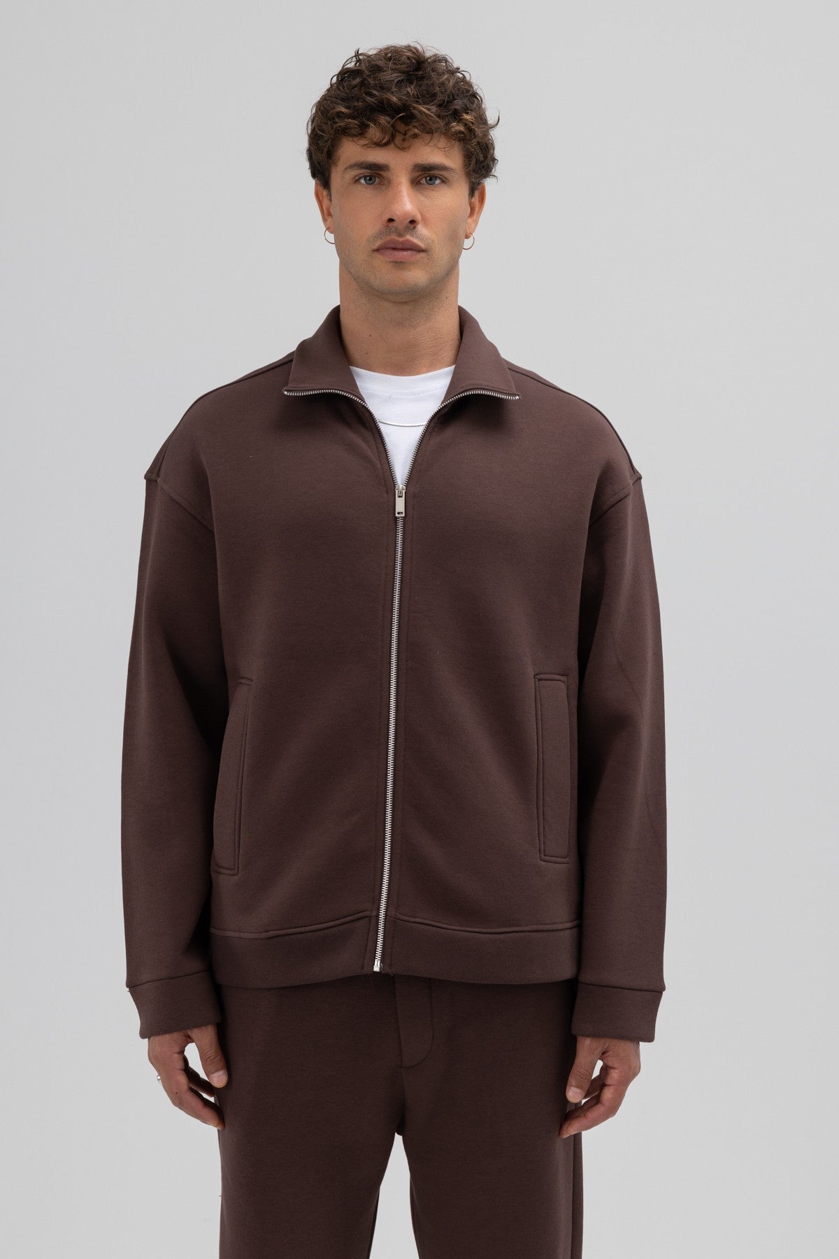 Oversized Stand-Up Collar Sweatshirt with Front Zipper