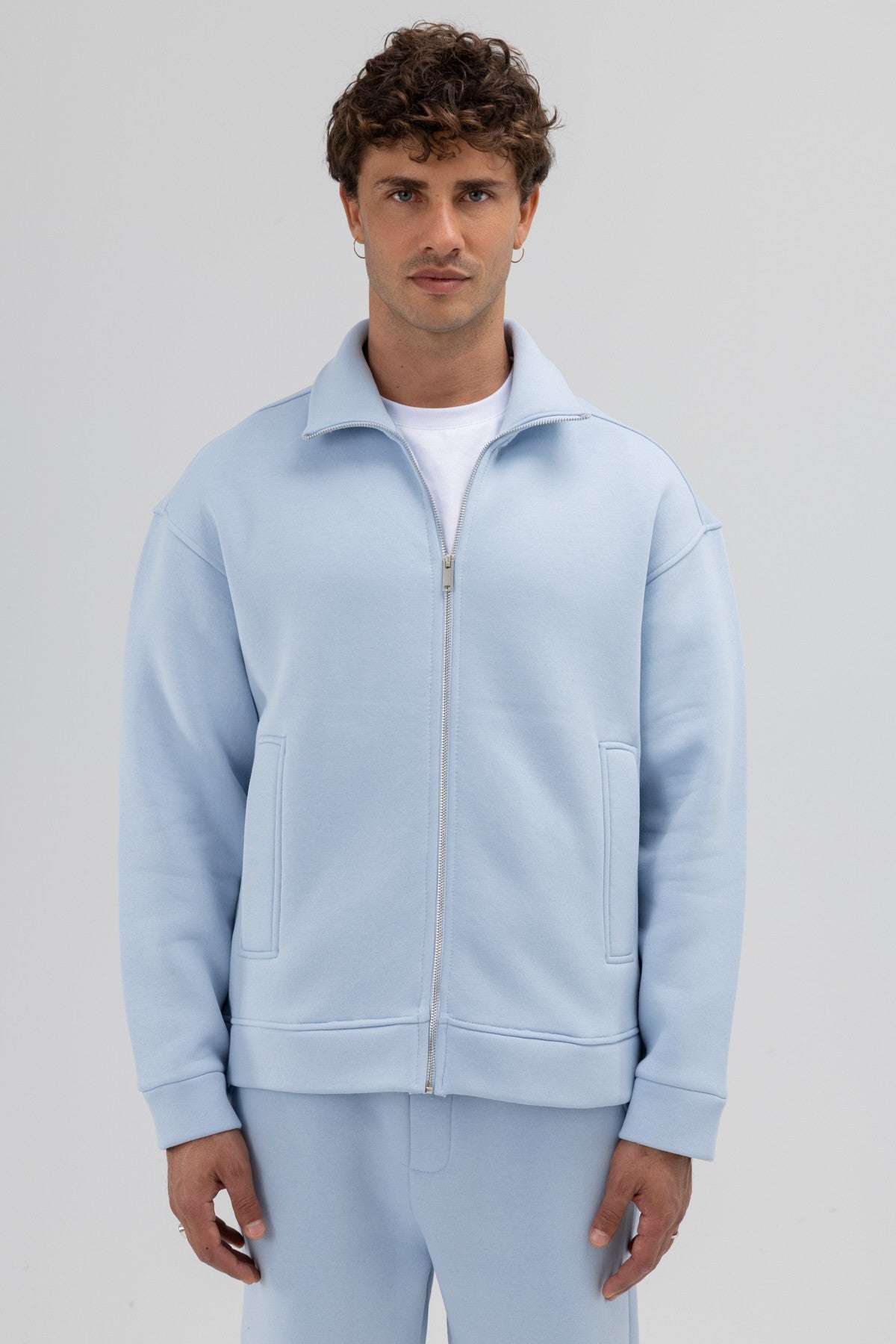 Oversized Stand-Up Collar Sweatshirt with Front Zipper