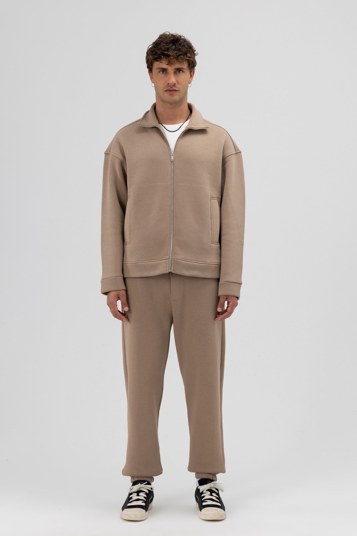 Oversized Stand-Up Collar Sweatshirt with Front Zipper