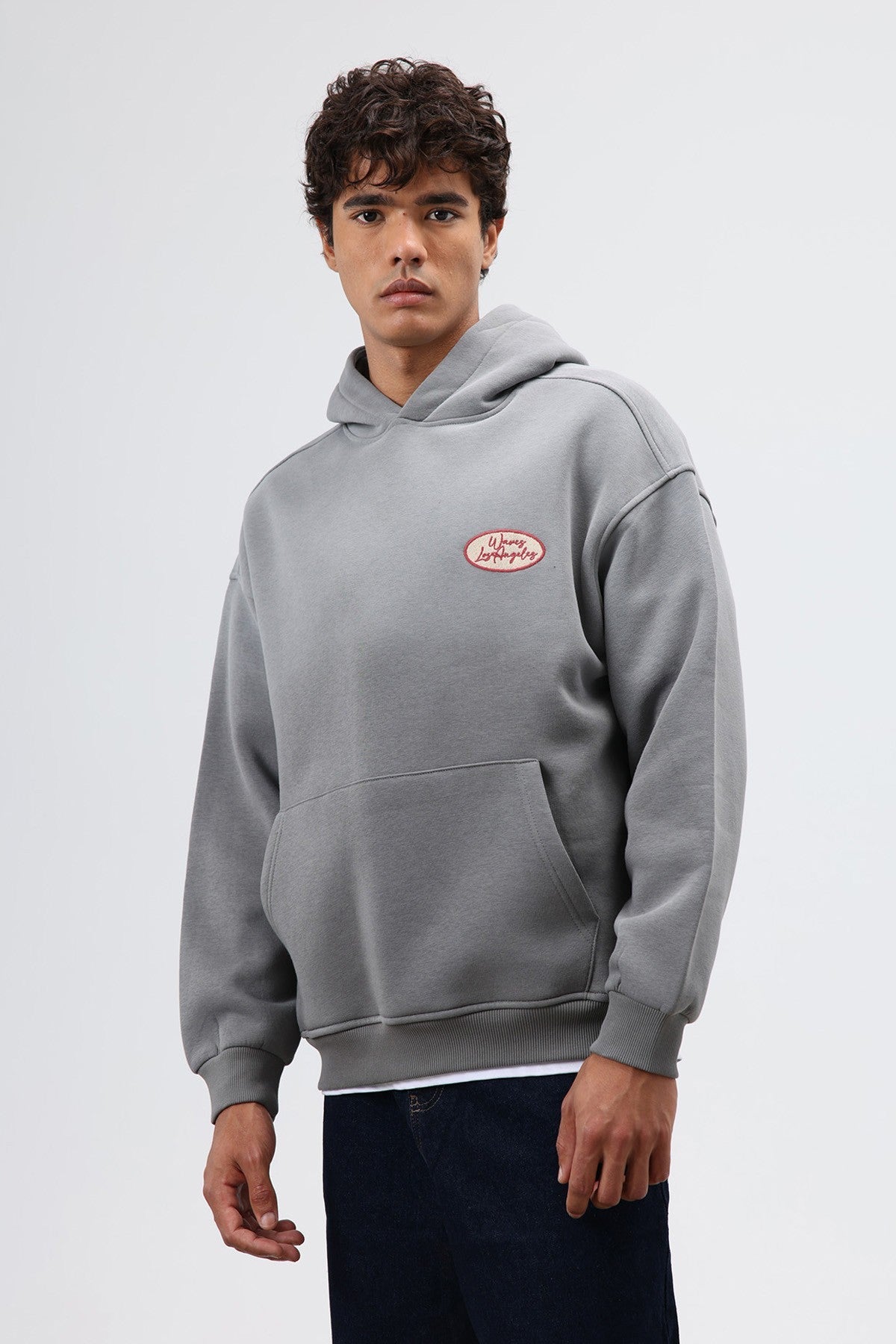 Oversized Printed Hooded Sweatshirt in Smoke Gray