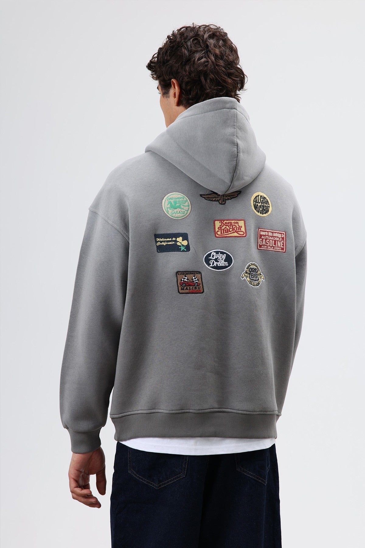 Oversized Printed Hooded Sweatshirt in Smoke Gray
