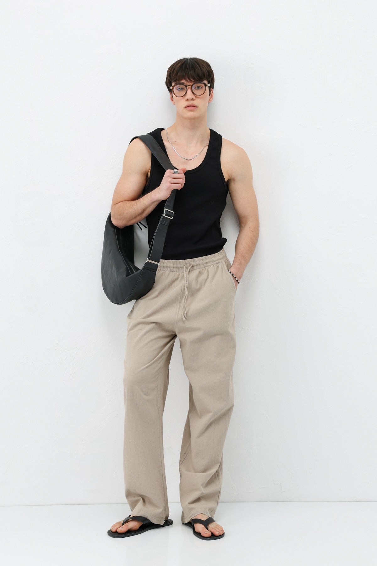 Baggy-Fit Linen Pants with Elastic Waistband