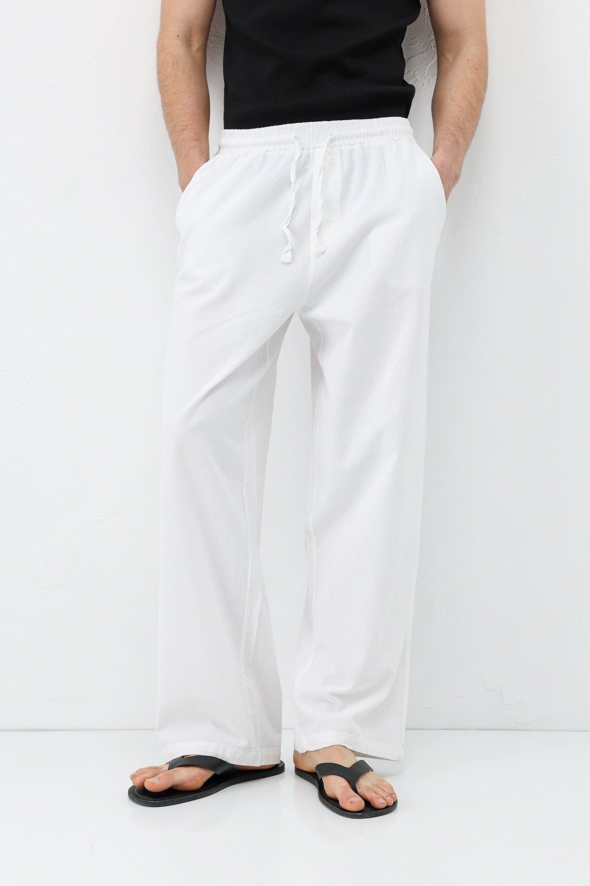 Baggy-Fit Linen Pants with Elastic Waistband