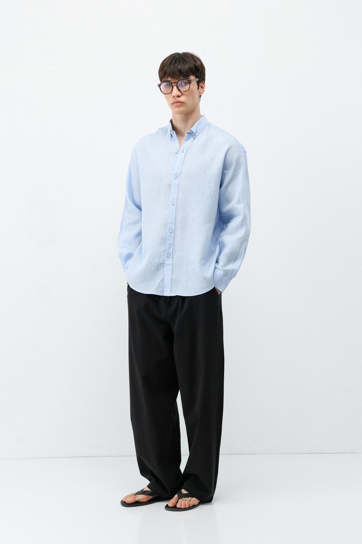 Baggy-Fit Linen Pants with Elastic Waistband