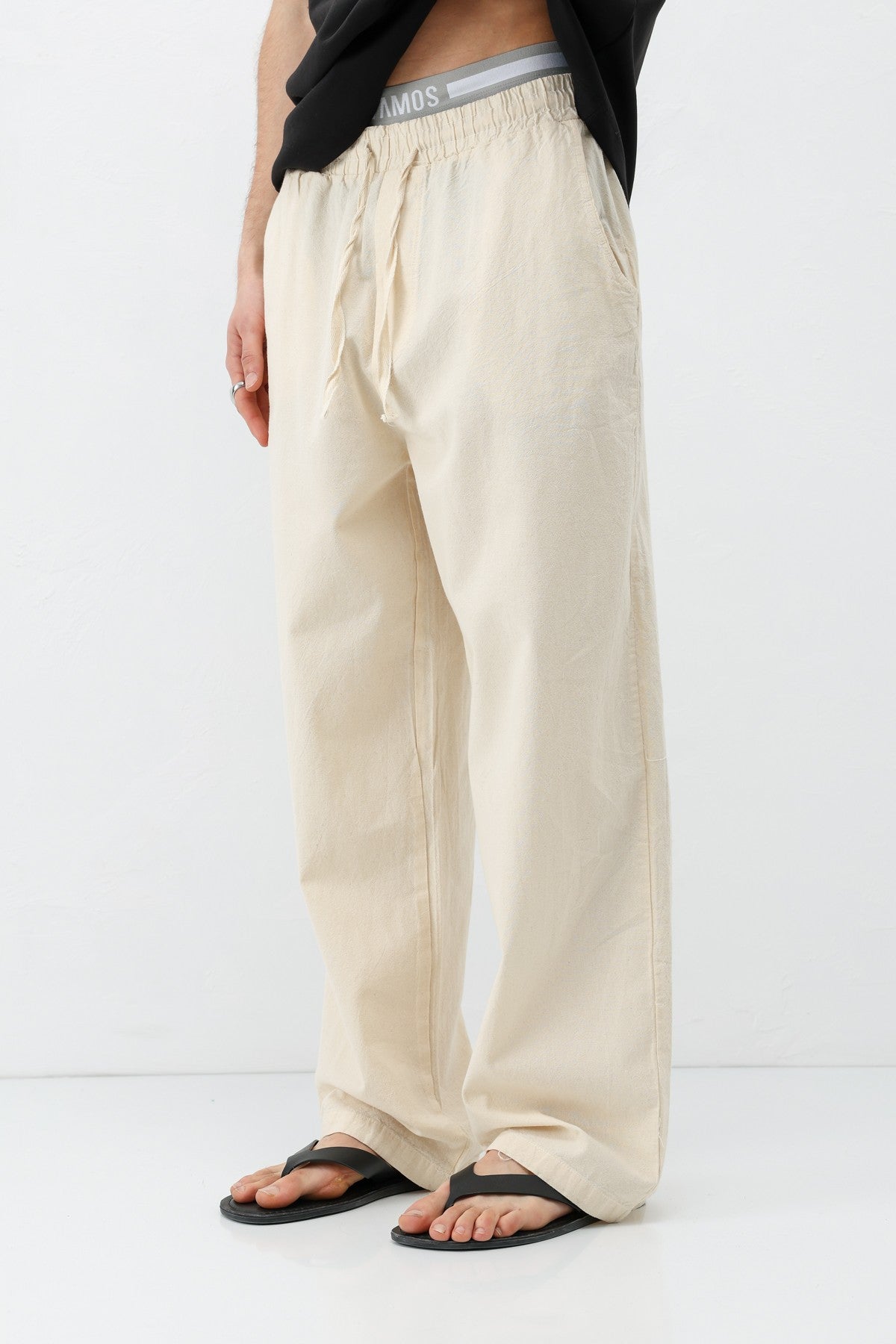 Baggy-Fit Linen Pants with Elastic Waistband