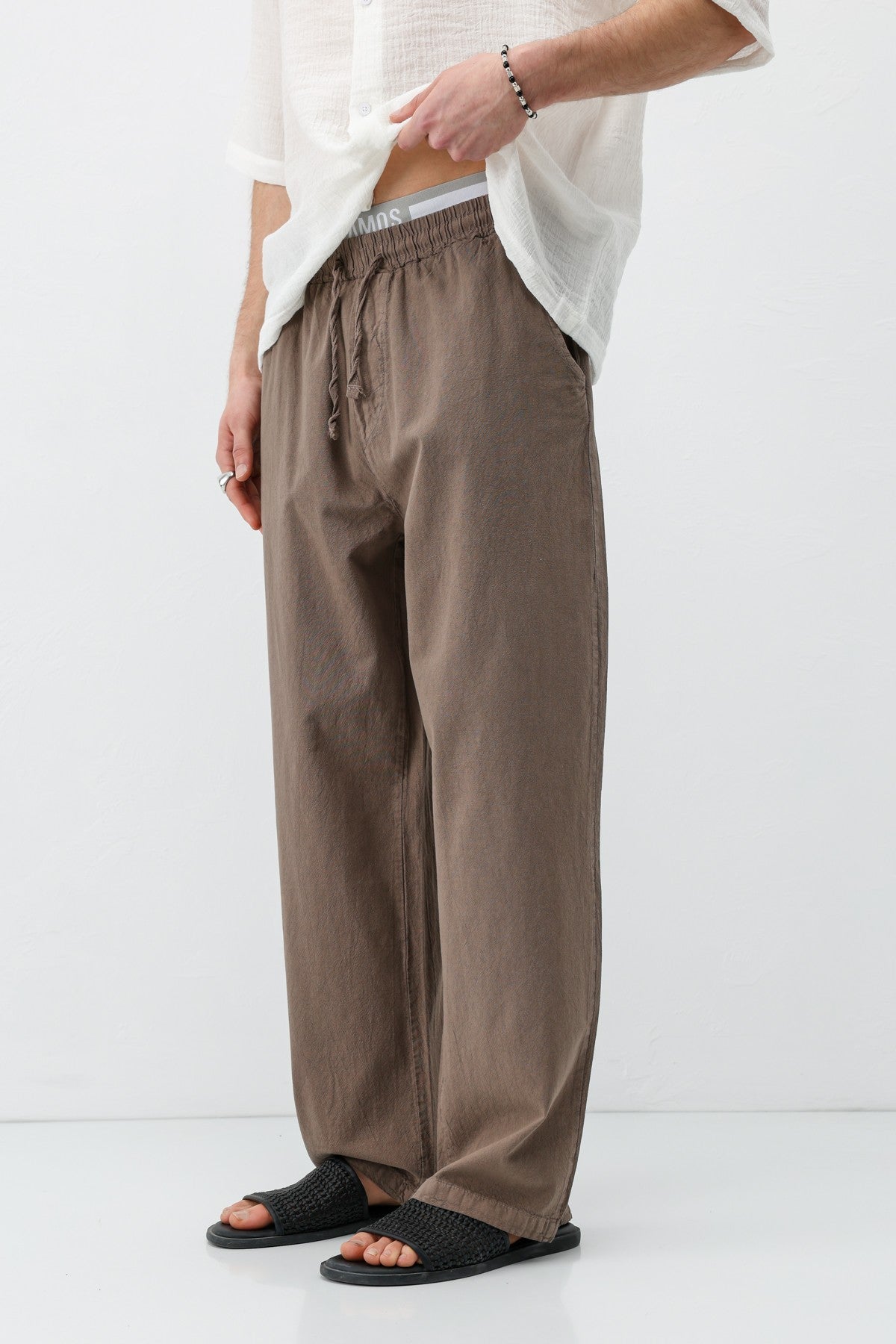 Baggy-Fit Linen Pants with Elastic Waistband