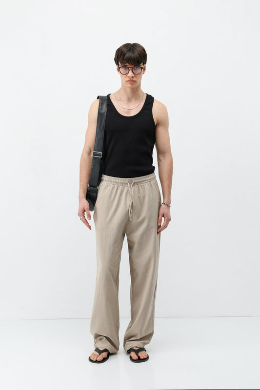 Baggy-Fit Linen Pants with Elastic Waistband