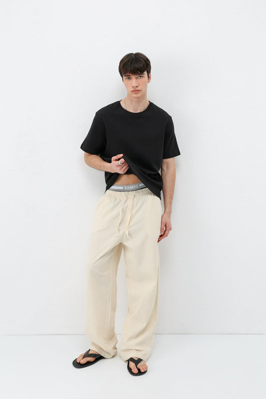 Baggy-Fit Linen Pants with Elastic Waistband